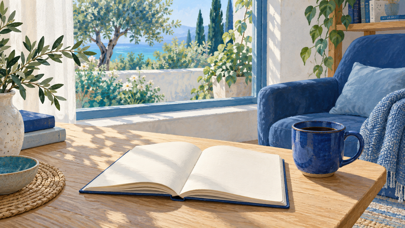 Rincón de lectura luminoso con un sillón azul, libros y plantas